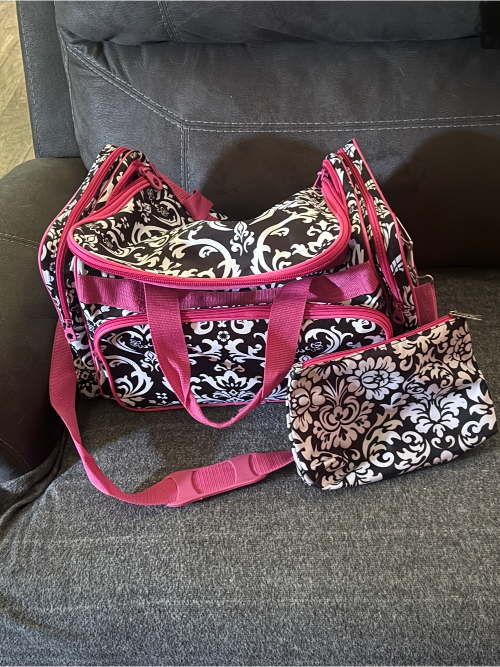 Black & Pink Damask Travel Duffel Bag with Matching cosmetics Pouch